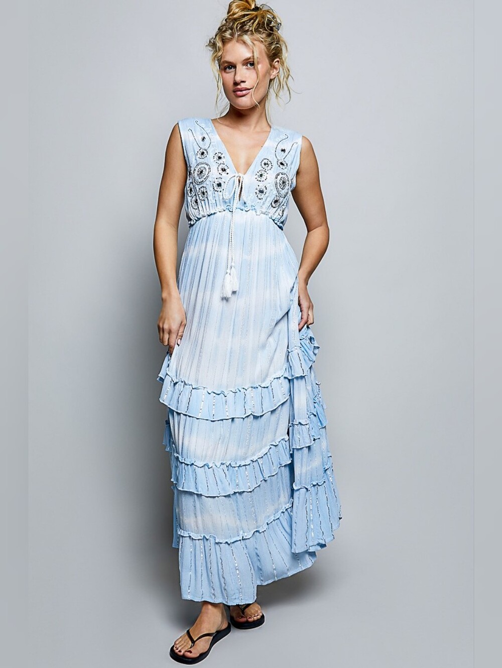 New POL Bohemian Sleeveless Sequin Tassel Ruffled Maxi Dress Sky Blue Size S/M/L - Picture 3 of 6